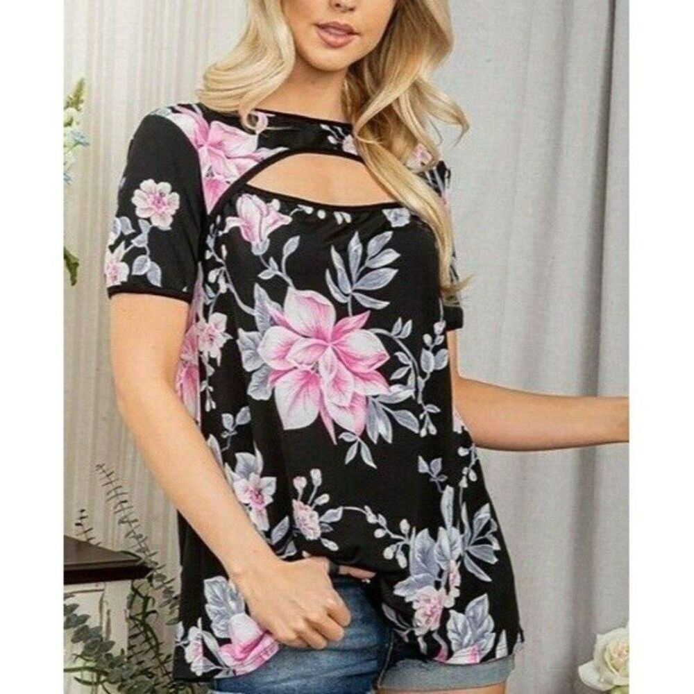 Women's Top Small by Perfect Peach Black Pink Magnolia Flowers Floral NWOT